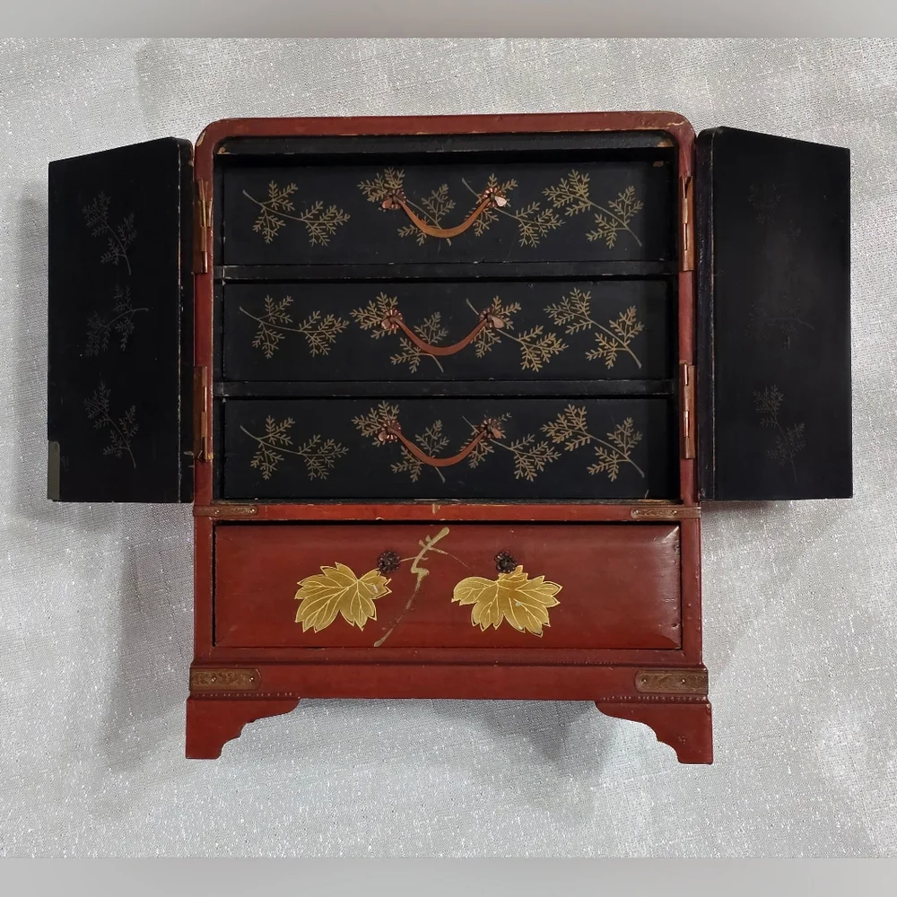 Vintage Japanese Wooden Table Cabinet Handpainted Floral & Bird Design Kodansu